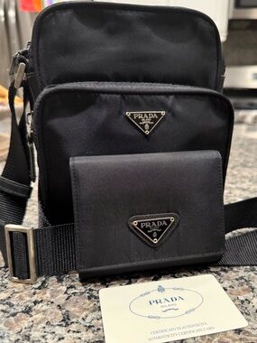Authentic Prada Black Nylon Messenger Bag with Matching Wallet